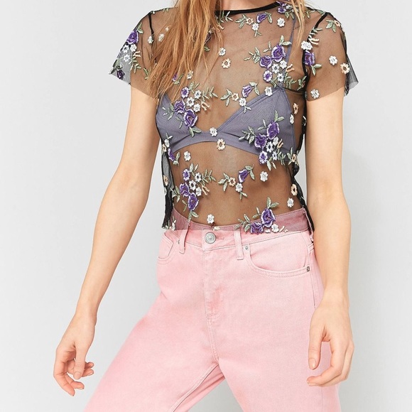 UO Embroidered Mesh Crop Top - Picture 1 of 5